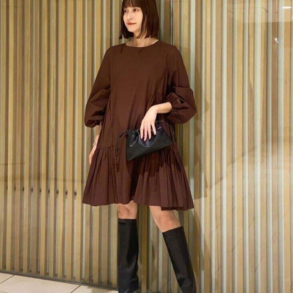 Merlette Byward Mini Dress Brown Ruffle Cotton Resort Babydoll Swing XS